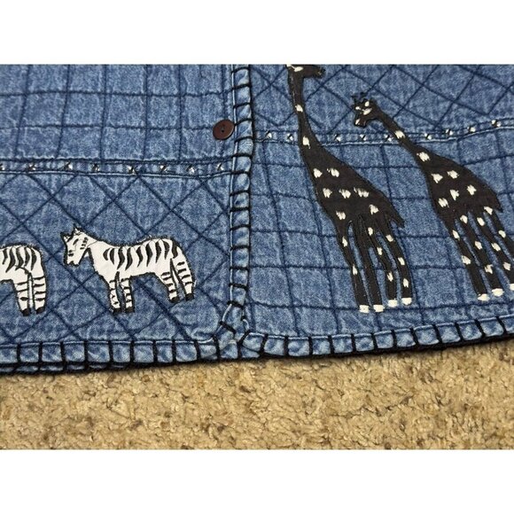 Vintage 90s Giraffe Denim Jacket Womens LARGE Blue Quilted Safari Travel Animal - Picture 4 of 9